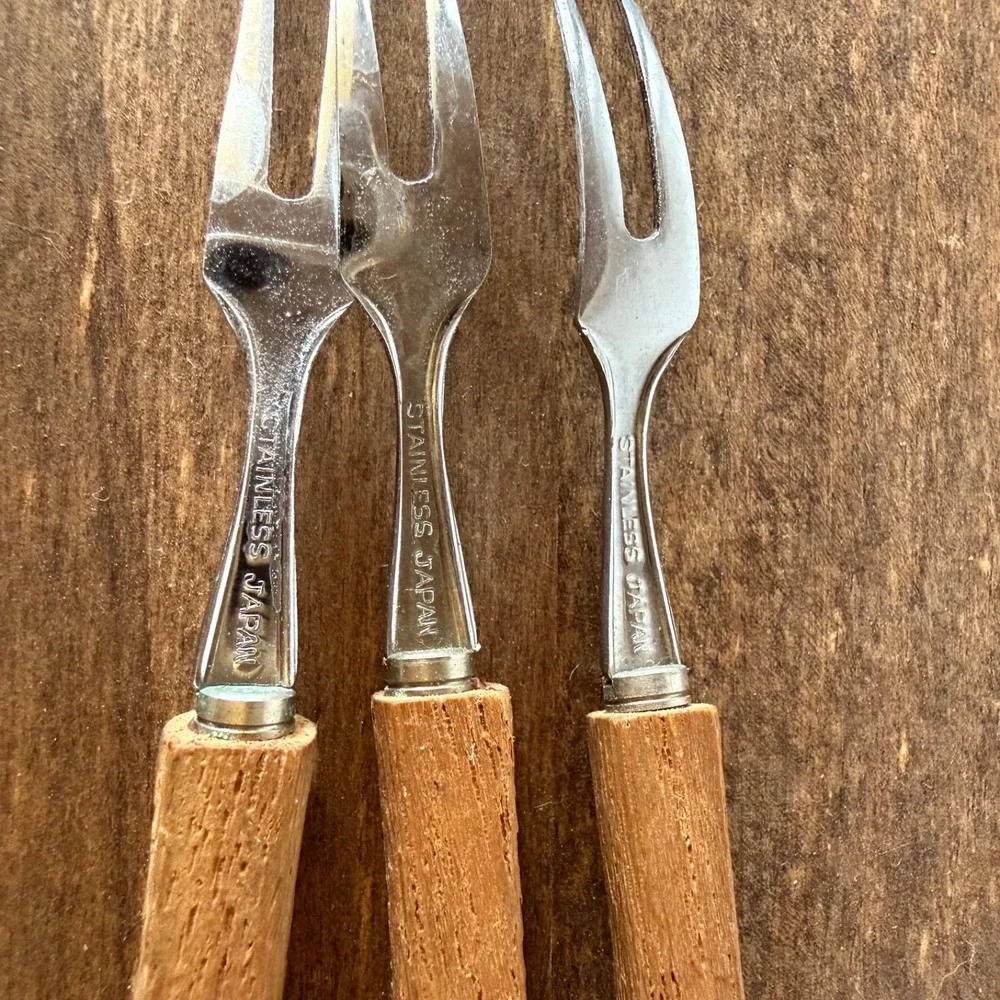 Vintage‎ Japan Stainless Steel Teak Wood Cheese Butter Spreader Fork Set